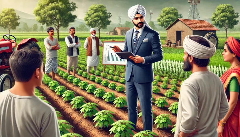 Indian agricultural advisor providing guidance to farmers on a demo farm plot, explaining farming techniques among healthy crops in a vibrant rural setting.