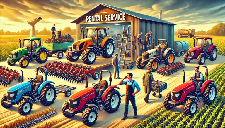 Agri-Equipment Rental Business scene with tractors, tillers, and plows being rented to farmers for cooperative farming, showcasing resource sharing for sustainable agriculture.