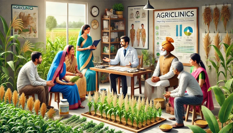 "Agriclinics: Supporting Indian Farmers Through Expert Guidance and Resources," featuring a supportive environment where farmers receive advice from agricultural experts.