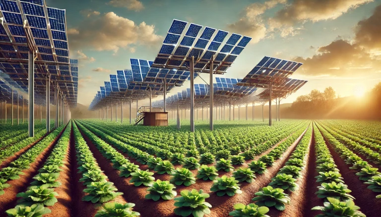 "Agrivoltaics," showing a field with crops growing underneath elevated solar panels, combining agriculture with solar energy generation for sustainable land use.