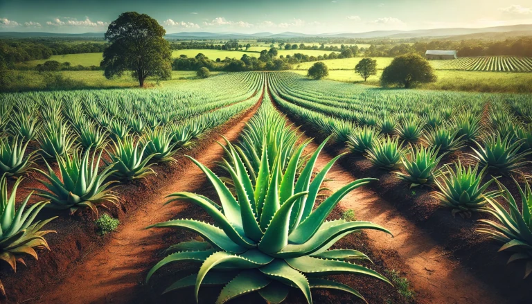 Open aloe vera farm with rows of healthy, thick green aloe plants growing in an organized field under a sunny sky, showcasing sustainable cultivation.