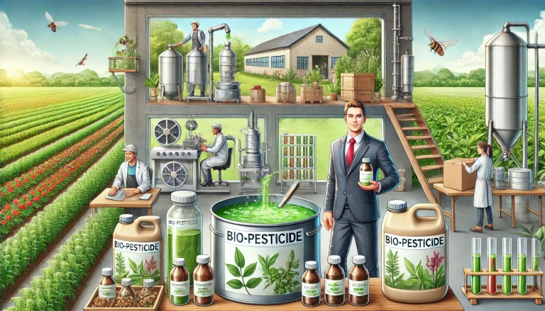 Bio-pesticide production setup with workers processing natural ingredients, bottling, and labeling products, and a business owner holding a bio-pesticide bottle, showcasing eco-friendly pest control.