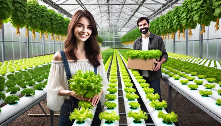 Hydroponic farm with a woman tending to lettuce plants in nutrient channels, and a happy nursery owner holding fresh lettuce ready for sale.