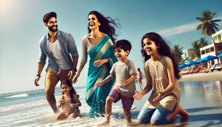 happy Indian family enjoying themselves at the beach