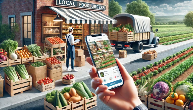 mobile platform connecting local food producers, farmers, and consumers, with a store selling fresh farm-sourced produce and a customer using a mobile app.