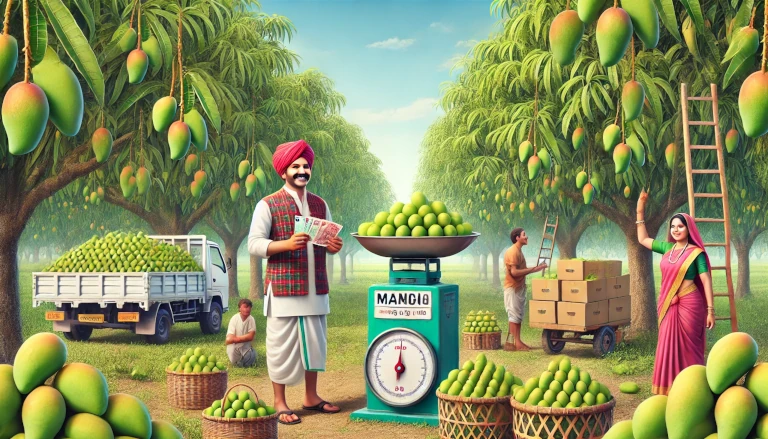 Realistic mango farm with laborers plucking ripe mangoes, a weighing machine, a truck loaded with mango boxes, and a happy farmer holding rupee notes.