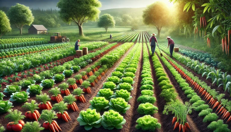 organic vegetable farming, showing lush rows of vegetables and farmers working with sustainable methods in a natural setting.