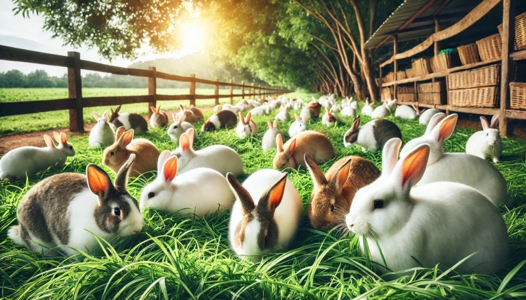 Healthy rabbits in an open farm setting, grazing on green grass with a natural background, showcasing sustainable rabbit farming.