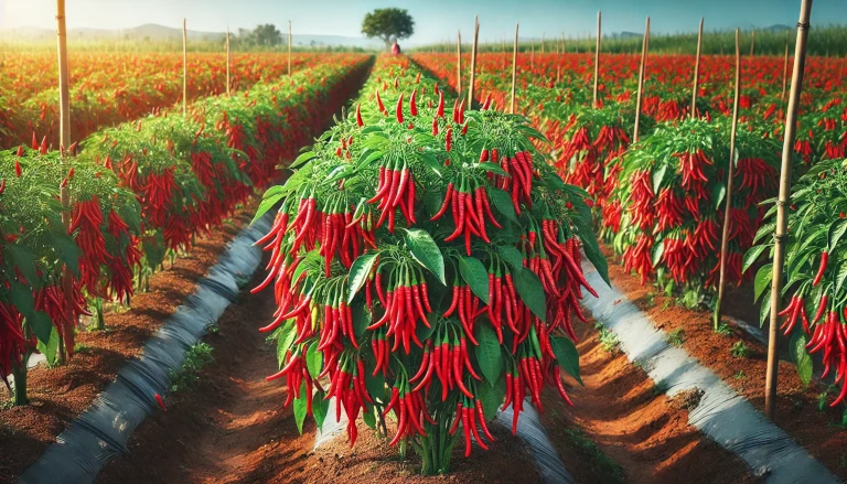 Red chili farm with rows of green chili plants loaded with bright red chilies ready for harvest, under a clear sky in a sustainable farming setup.