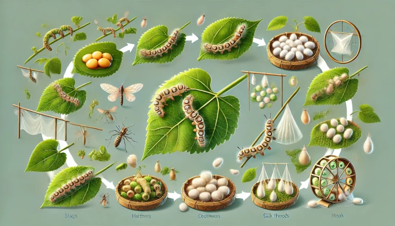 silk farming stages from silkworm eggs to silk threads, showing hatching, feeding on mulberry leaves, cocoon formation, and silk extraction.