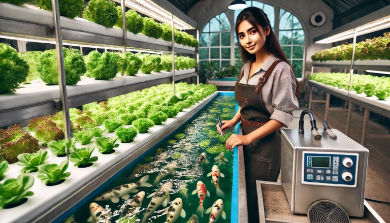 Indian woman working in an aquaponics system, tending to fish tanks and plants growing in nutrient-rich water beds, showcasing sustainable fish and vegetable farming.