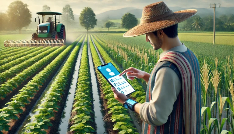 farmer using ChatGPT on a mobile phone in the field to check crop management advice, emphasizing the integration of AI in agriculture.