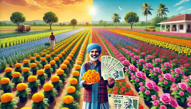 Open flower farm with rows of colorful blooms like marigolds, roses, and sunflowers, with a happy Indian farmer holding Indian Rupee notes, showing profit from flower farming.