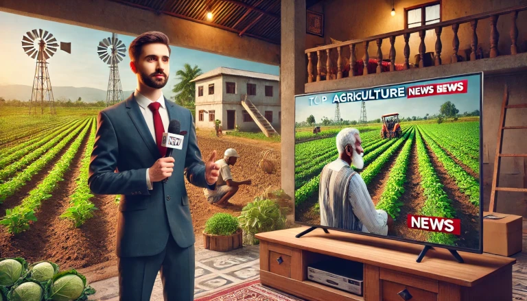 "Top Agriculture News Channels in India," featuring a news reporter live on a farm while a farmer watches the broadcast at home.