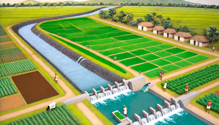 Phad irrigation system in Maharashtra, showing a river with a bandhara diverting water into canals irrigating divided phads, with farmers managing water flow in agricultural fields.