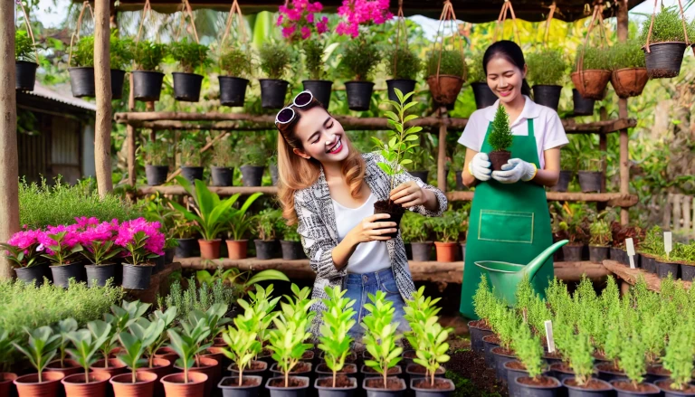 Plant nursery scene with a woman planting saplings in her garden and a happy nursery owner holding saplings, ready to sell, surrounded by lush potted plants.