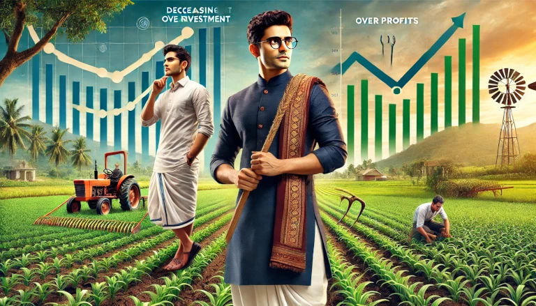 farmer in traditional attire working on an open farm, accompanied by graphs showing decreasing investment and increasing profits in farming.