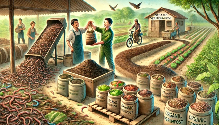 Vermicomposting business showing preparation of vermicompost and a farmer selling organic compost bags to a customer on a farm.