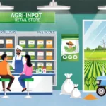 an agri-input retail store in a rural setting, showcasing farmers purchasing agricultural products and receiving guidance.