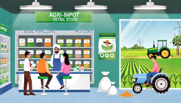 an agri-input retail store in a rural setting, showcasing farmers purchasing agricultural products and receiving guidance.