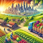 farm produce being transported from a rural village to a bustling city