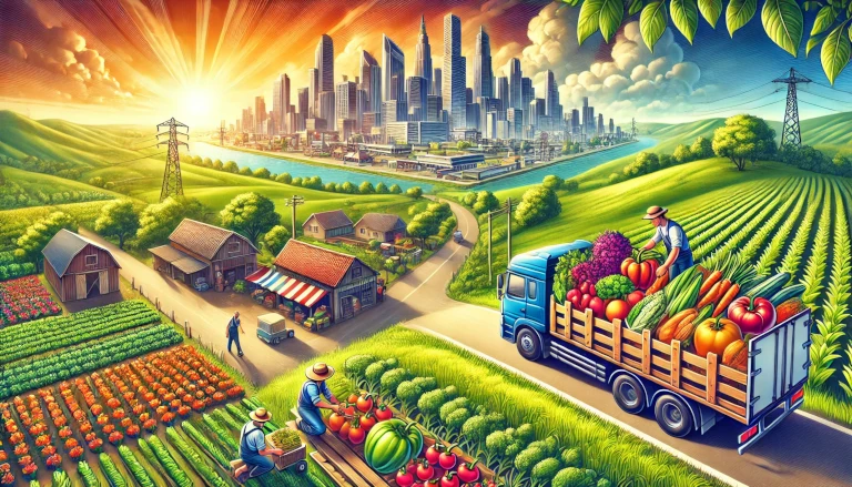 farm produce being transported from a rural village to a bustling city