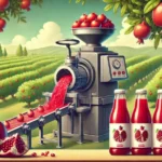 pomegranate juice-making business, showing the farm, fruits, crushing machine, and juice bottles.