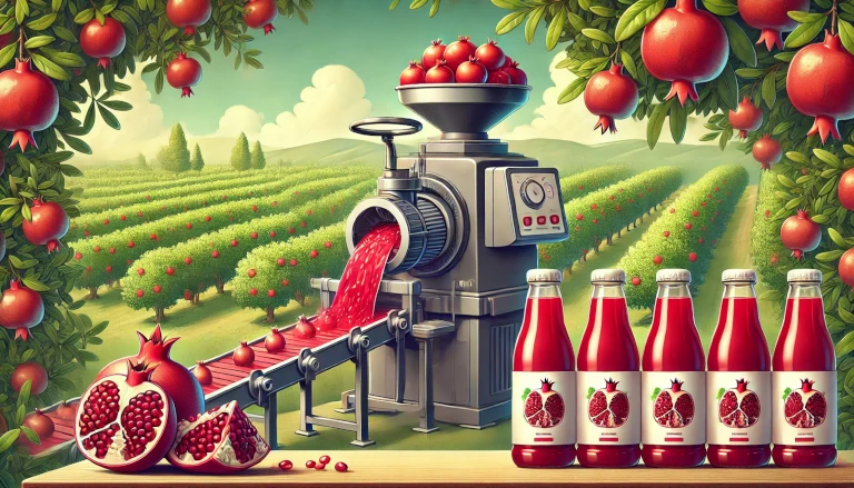 pomegranate juice-making business, showing the farm, fruits, crushing machine, and juice bottles.